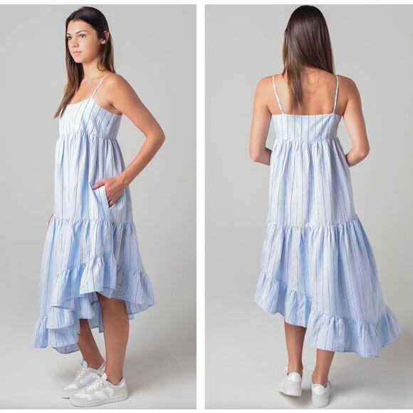 FRAME Gemma Asymmetrical Maxi Dress Ciel Blue Stripe Cotton Poplin {C53}